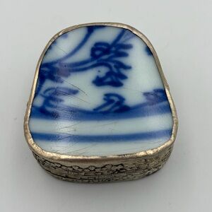 Antique Chinese Porcelain Pottery Shard Trinket Box Silver Plate Blue Art